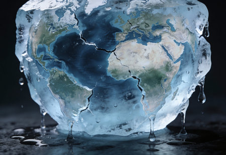 Ice cube with world map on dark background. Global warming concept.