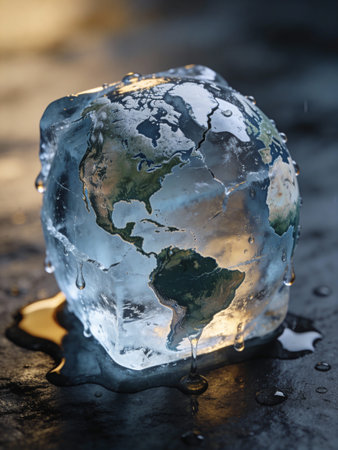 Ice cube with world map on dark background. Global warming concept.
