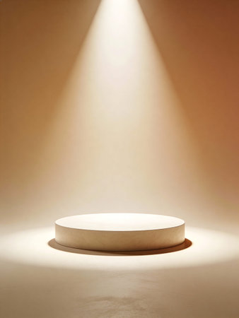 Round podium on the floor illuminated by spotlights. 3D renderingの写真素材