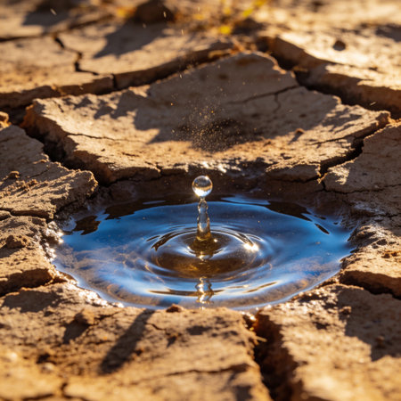 Falling drops of water on cracked earth, drought and climate change concept