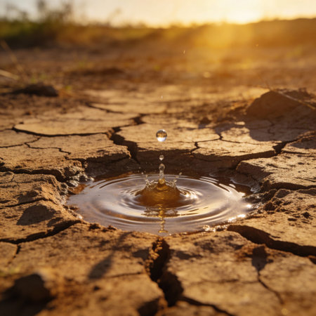 Water drop falling into a hole in dry soil, global warming conceptの写真素材