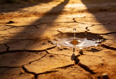 Falling drops of water on dry and cracked earth, natural background