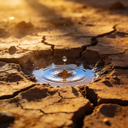 Water drop falling into a hole in the ground with a blurred background