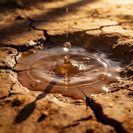 Water drop falling into a hole in the ground. The concept of climate change.