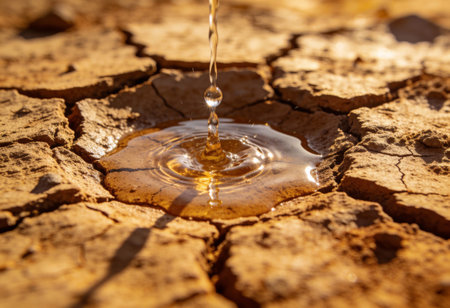 Dry cracked earth with water drop. Concept of drought and climate changeの写真素材