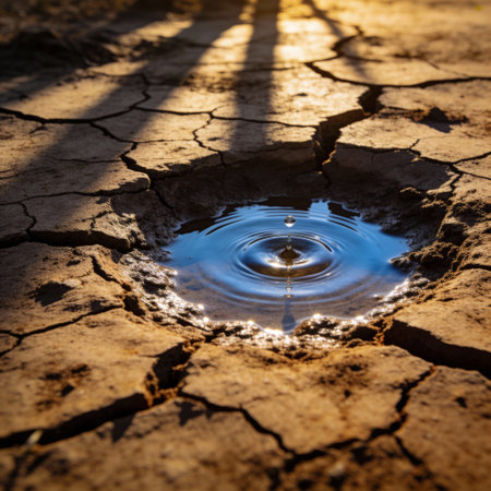 Water drop falling into a hole in the ground. The concept of climate change.の写真素材
