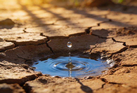 Drop of water falling into a hole in the ground. The concept of climate change.