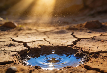 Falling drops of water into a hole in the ground. The concept of climate change.