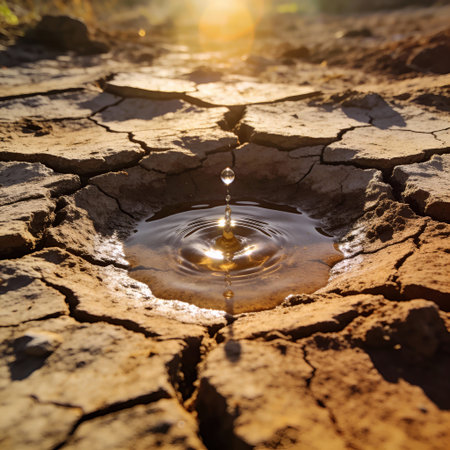 Water drop falling into a hole in the ground. The concept of climate change.