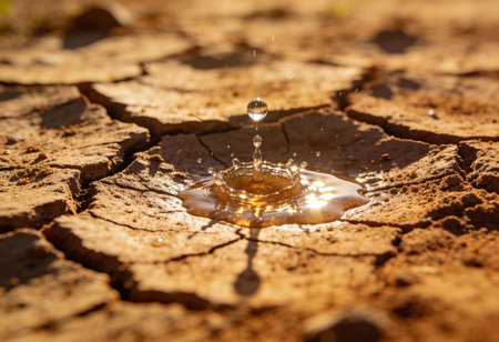 A drop of water falling into a crack in the ground. Shallow depth of field.の写真素材