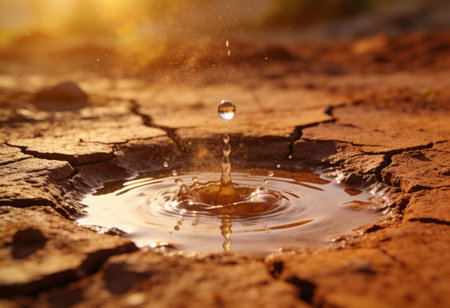 Water drop falling into a hole in the ground. Natural background.