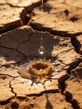 Water drop falling into a dry and cracked earth. Global warming concept