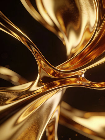 Golden liquid flow on black background. 3d rendering, 3d illustration.の写真素材