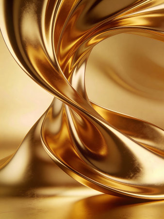 Golden abstract wavy liquid background. 3d render illustration with depth of fieldの写真素材