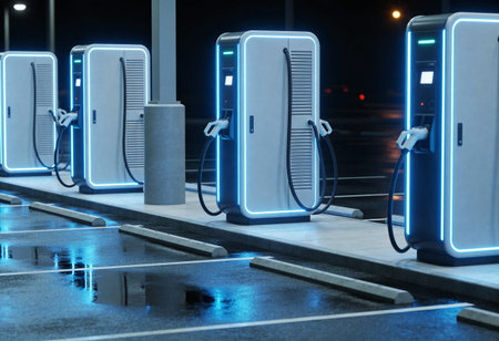 Electric car charging station at night, close-up. 3D rendering