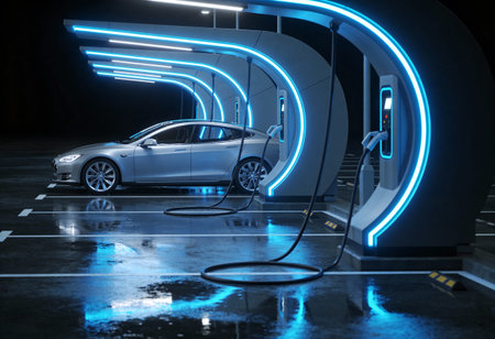 Electric car charging station at night. 3D rendering. Future concept
