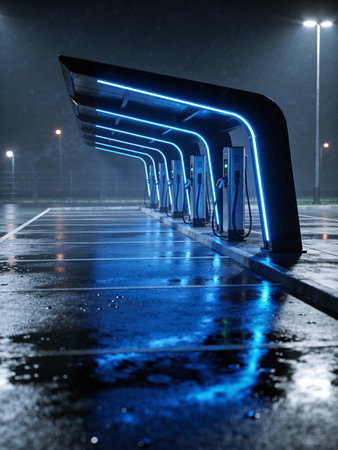 Electric car charging station in a foggy night. 3D renderingの写真素材