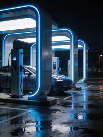 Electric car charging station at night, low angle view with long exposure