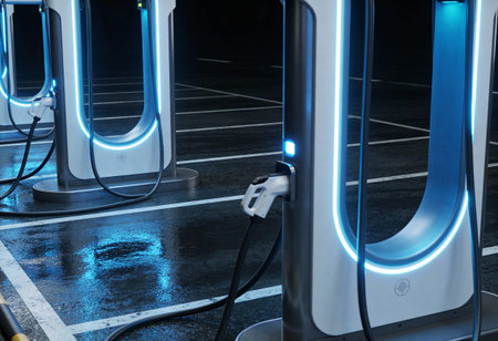 Charging station for electric cars at night, closeup of photo