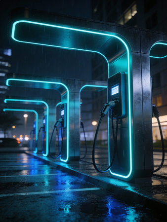 Charging station for electric cars in the city at night. Long exposure