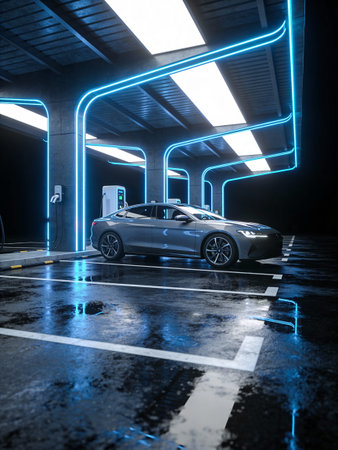Car in underground parking lot with neon lights. 3D Rendering