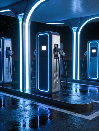 Electric car charging station with blue neon lights. 3D Renderingの写真素材