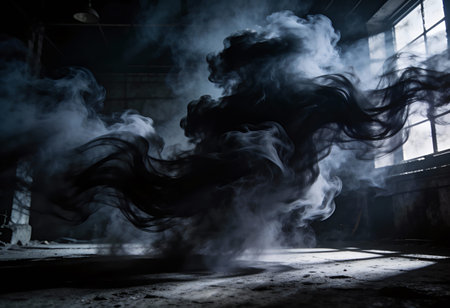 abandoned factory building interior with smoke coming out of the windowsの写真素材