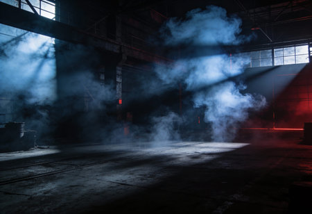 Industrial interior of an old factory with smoke and rays of lightの写真素材