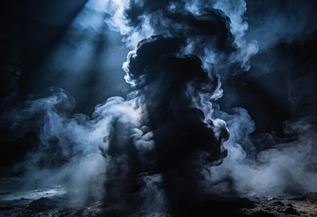Black smoke in the dark with rays of light and smoke on a black backgroundの写真素材