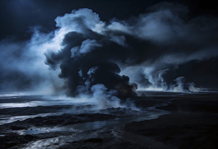 Volcanic eruption in Iceland at the end of the day.の写真素材