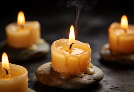 Burning candles on stone on dark background, closeup. Zen conceptの写真素材