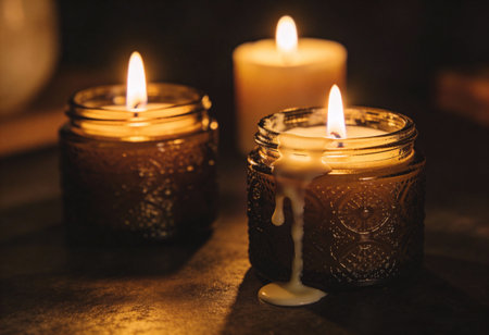 Burning candles in a candlestick on a dark background.