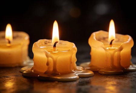 Burning wax candles on a dark background. Selective focus.