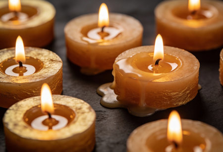Burning wax candles on dark background, closeup. Space for textの写真素材