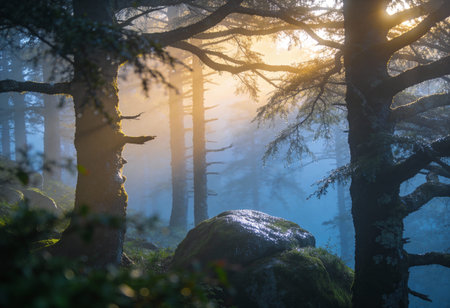 Morning in the woods with fog and sunbeams on the rocksの写真素材