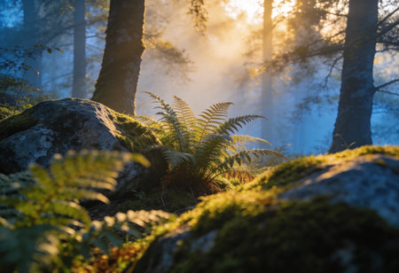 Foggy forest with ferns and rocks at sunrise.の写真素材