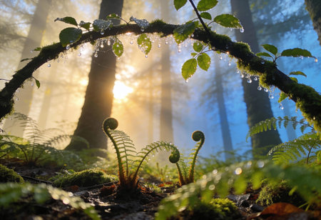 Ferns in the forest with morning fog and sun rays.の写真素材
