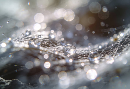 Spider web with dew drops close up, shallow depth of field
