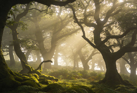 Old oak trees in a foggy forest in Galicia, Spain