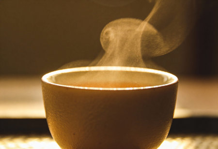 Cup of hot tea with steam on the table in the morning