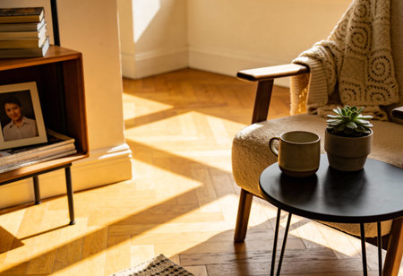 Interior of a living room with a chair, a coffee cup and a book