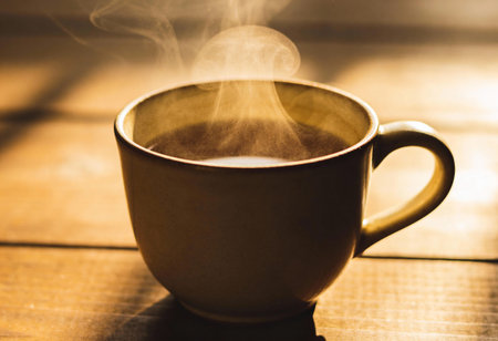 Coffee cup with smoke on the wooden table in morning light