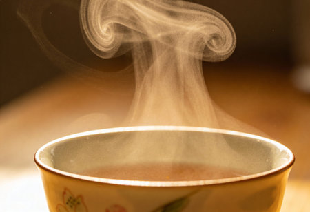 Cup of hot tea with steam on wooden table, close up