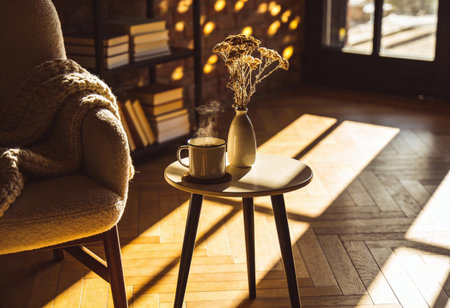 Cup of coffee on a wooden table in the interior of the roomの写真素材