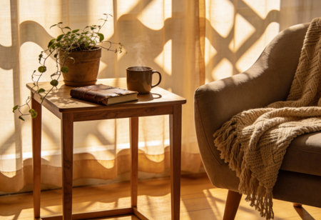 Cozy living room interior with armchair, coffee cup, book and plant