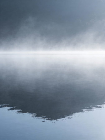 Reflection in the water of a lake on a foggy day