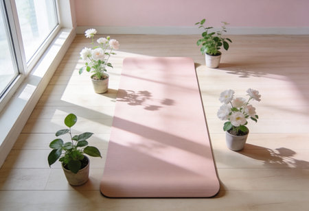 Pink yoga mat with flowers on wooden floor in room with window.