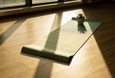 Green yoga mat on the floor in a room with sunlight and shadow