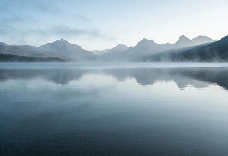 Mountain lake in the morning fog with reflection on the water surface