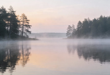 Foggy morning on the lake in the woods. Landscape.